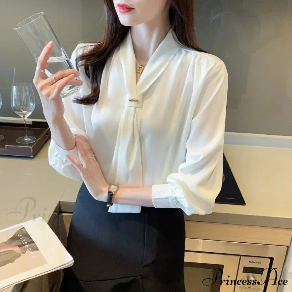 Sheer Plunging Neckline Bow Relaxed Full Sleeve Ivory Top - Image 4