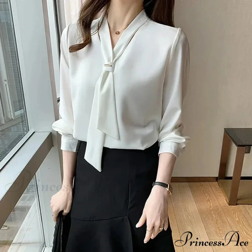 Sheer Plunging Neckline Bow Relaxed Full Sleeve Ivory Top - Image 5
