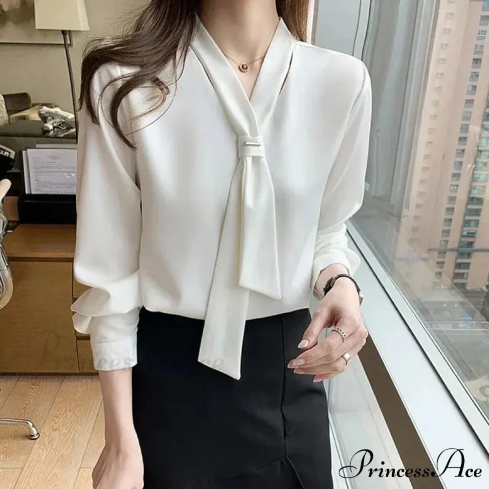 Sheer Plunging Neckline Bow Relaxed Full Sleeve Ivory Top - Image 6