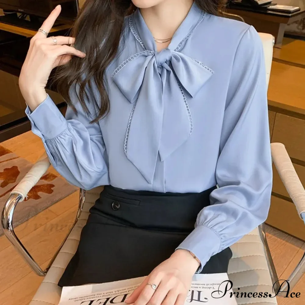 Sheer Ribbon Long Sleeve Workplace Blouse - Image 2