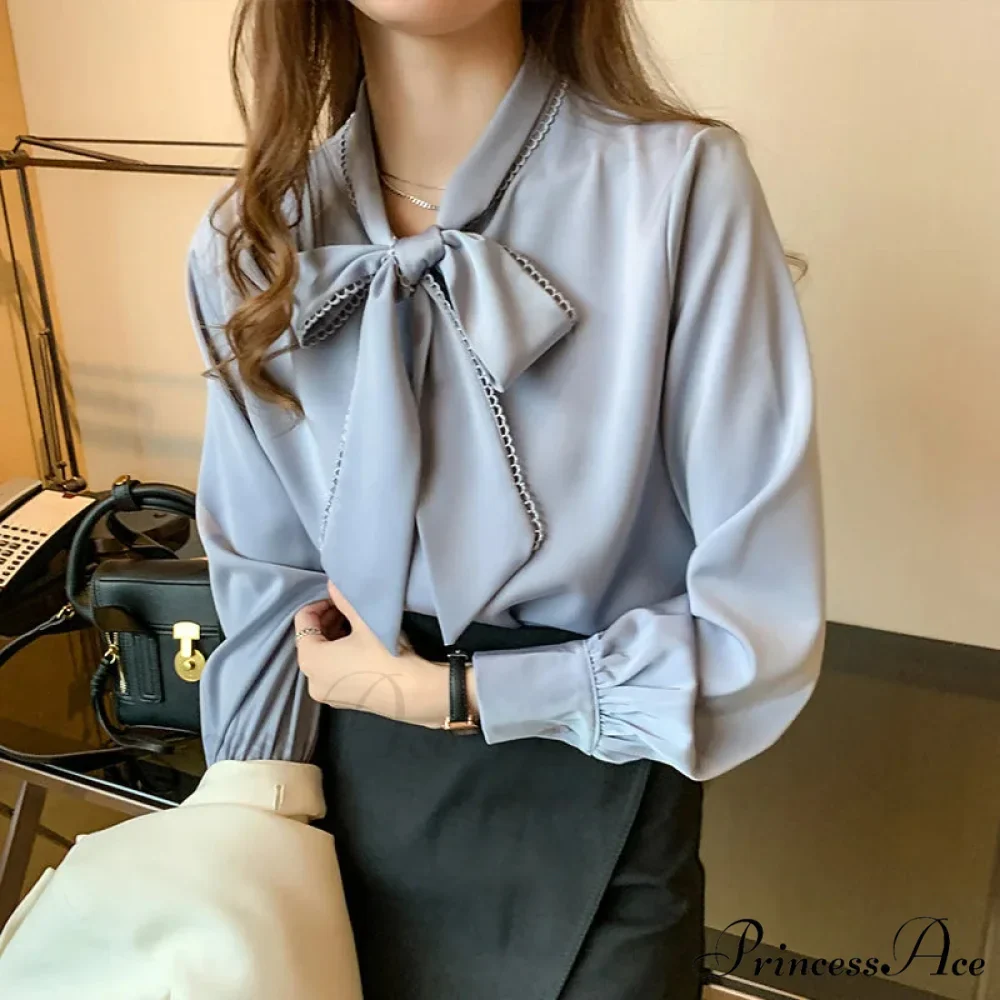 Sheer Ribbon Long Sleeve Workplace Blouse - Image 4