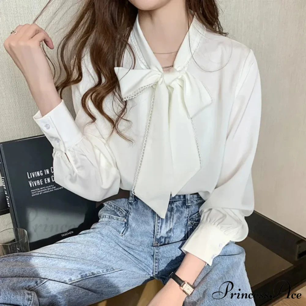 Sheer Ribbon Long Sleeve Workplace Blouse - Image 5