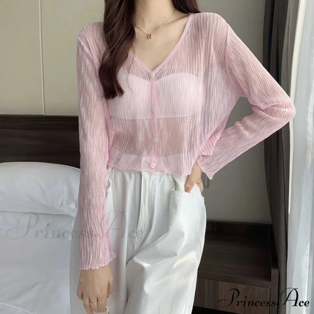 Sheer Silk Transparent Slim Pink Knitted Cardigan - Image 2
