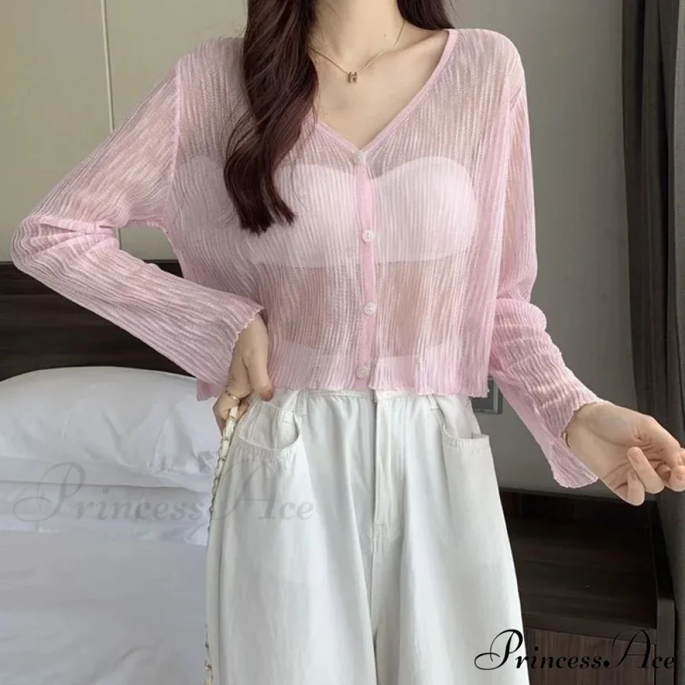 Sheer Silk Transparent Slim Pink Knitted Cardigan - Image 7
