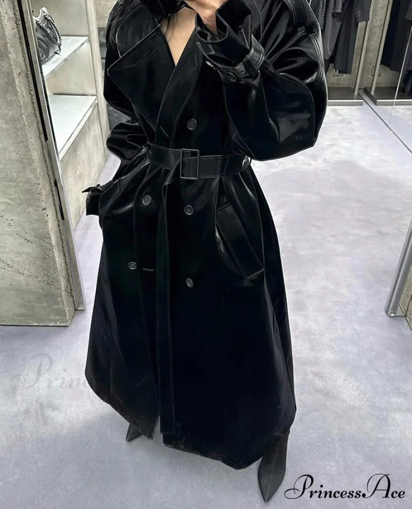 Shiny Patent Leather Trench Overcoat - Image 3