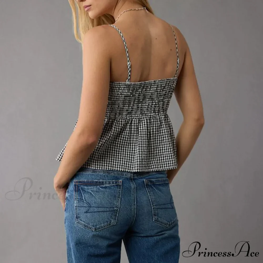 Shirred Checked Peplum Crop Top - Image 2