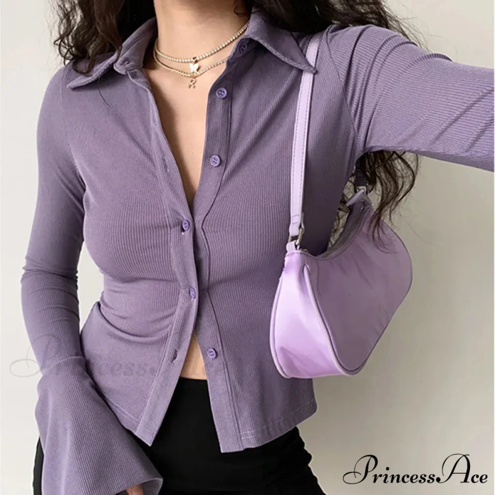 Shirt Collar Flared Sleeve Top - Image 2