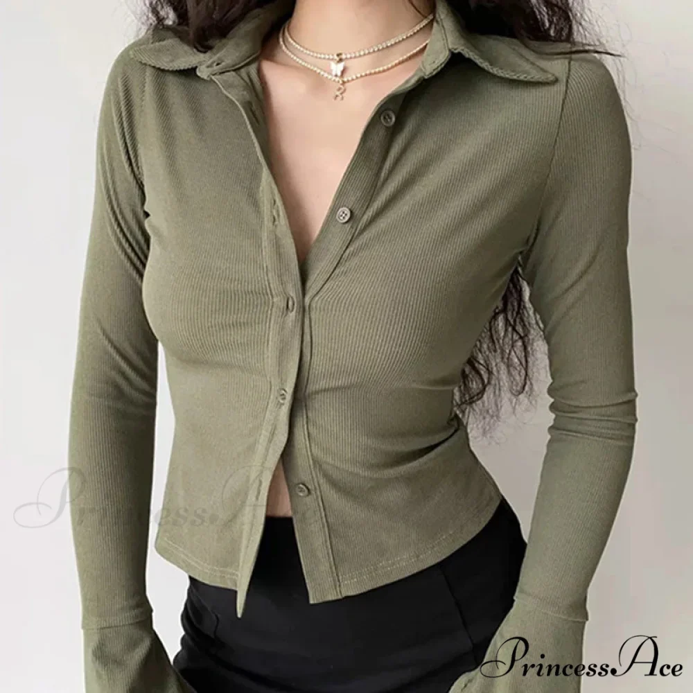 Shirt Collar Flared Sleeve Top - Image 3