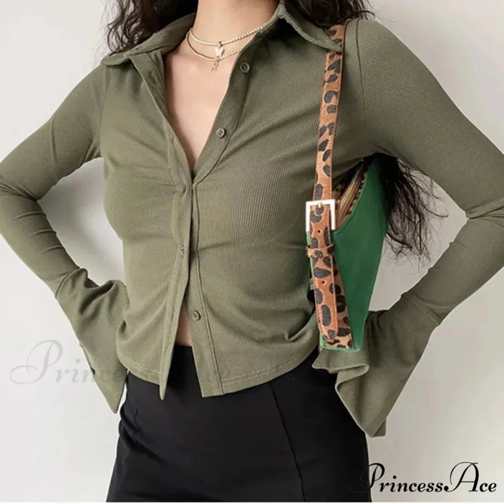 Shirt Collar Flared Sleeve Top - Image 4