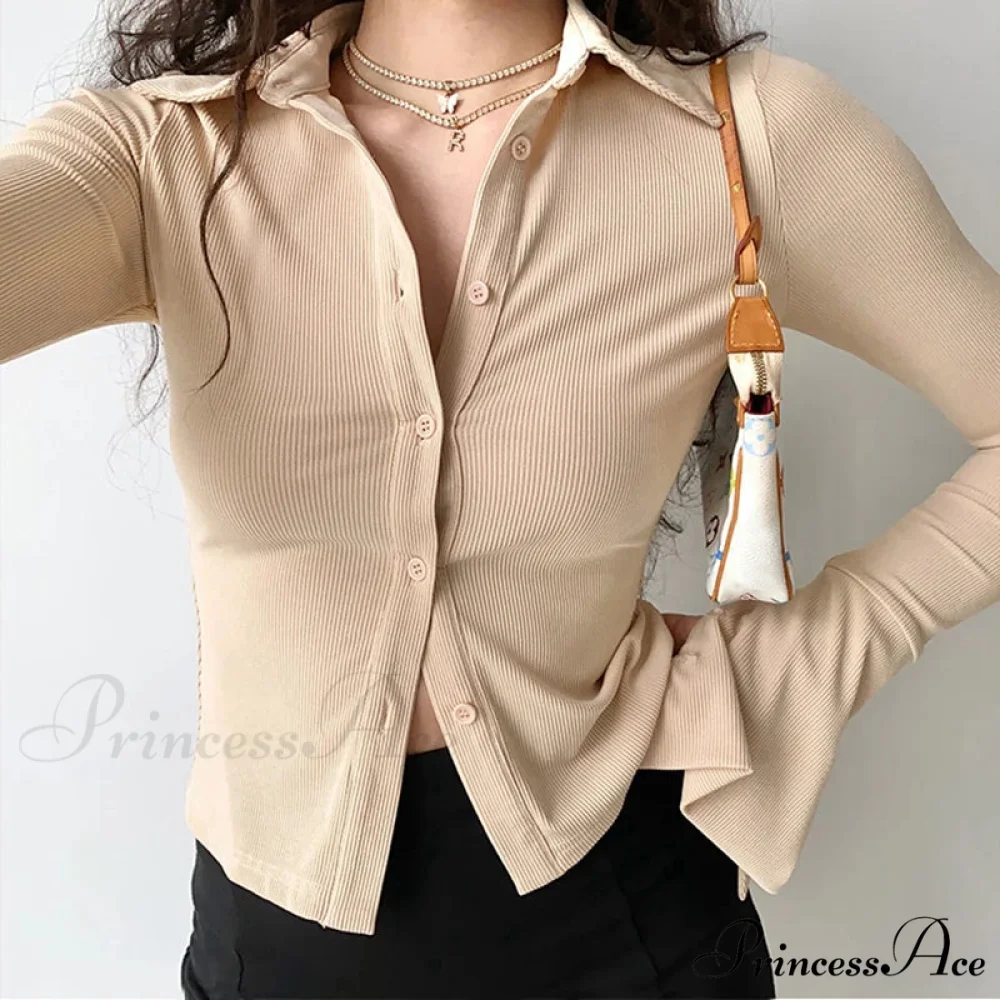 Shirt Collar Flared Sleeve Top - Image 6
