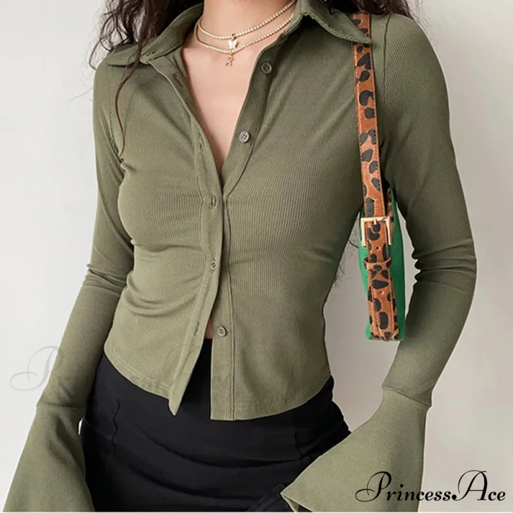 Shirt Collar Flared Sleeve Top - Image 9