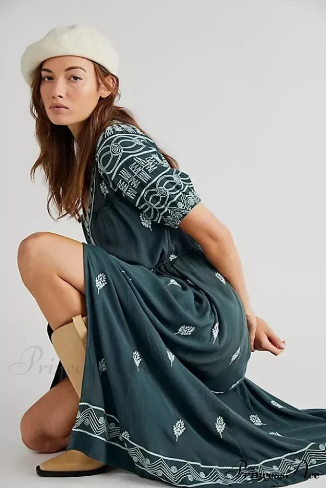 Shirt Down Stitched Short Sleeve Stylish Boho Dress - Image 3