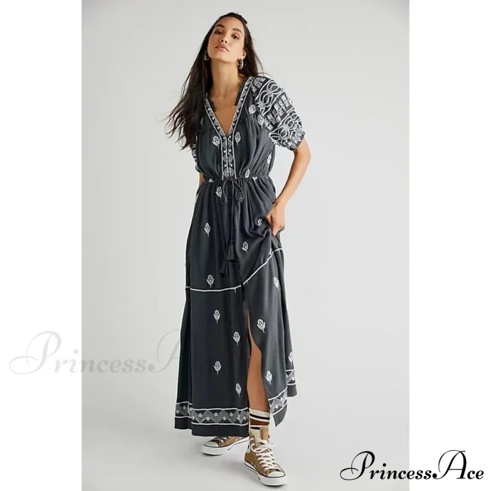Shirt Down Stitched Short Sleeve Stylish Boho Dress - Image 5