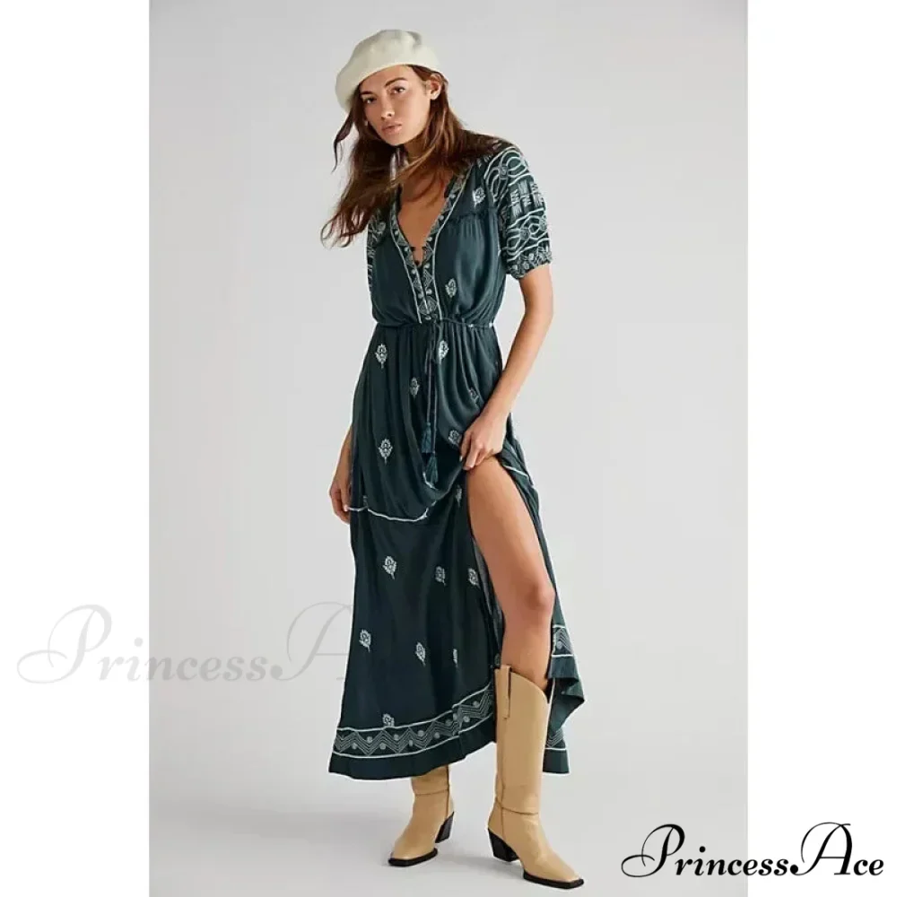 Shirt Down Stitched Short Sleeve Stylish Boho Dress - Image 7