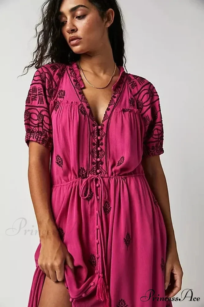 Shirt Down Stitched Short Sleeve Stylish Boho Dress - Image 8