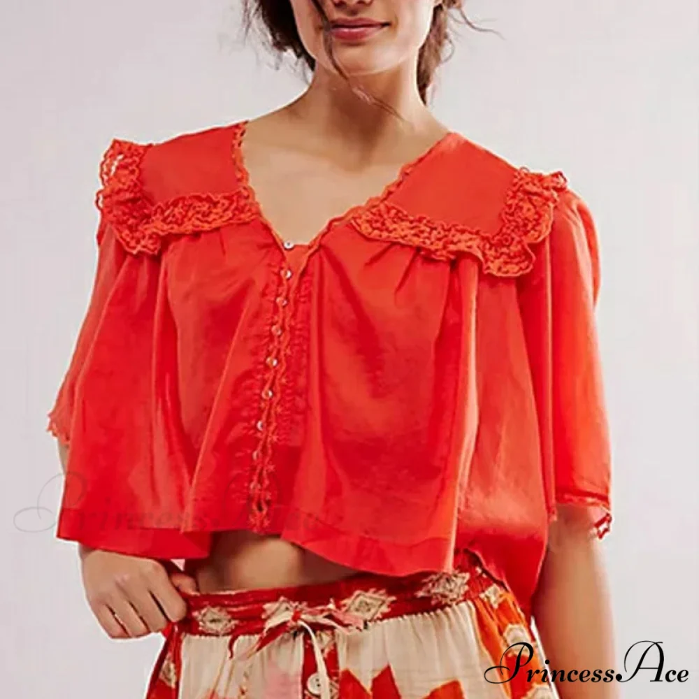 Short Cut Chiffon Frill Lace Trim Top - Image 2
