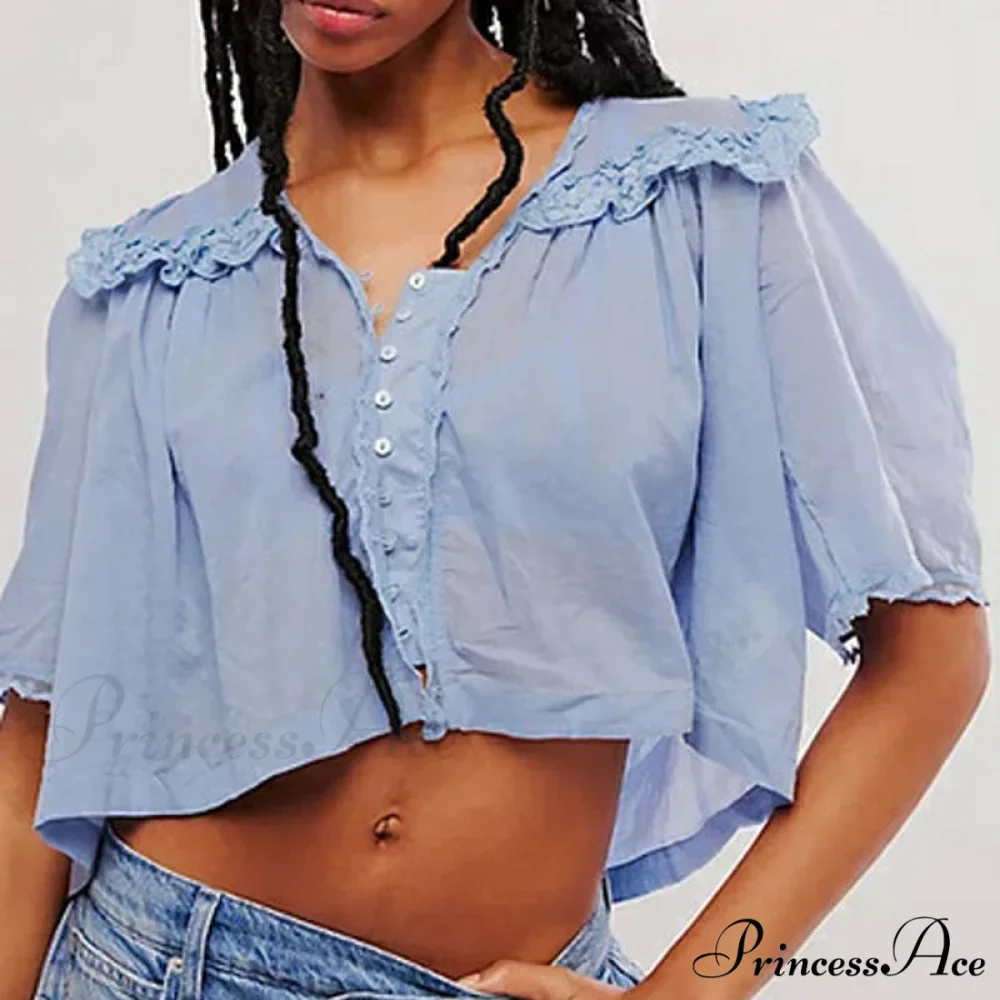 Short Cut Chiffon Frill Lace Trim Top - Image 3