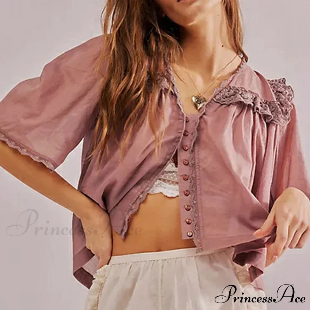 Short Cut Chiffon Frill Lace Trim Top - Image 4