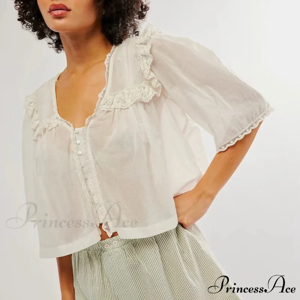 Short Cut Chiffon Frill Lace Trim Top - Image 5