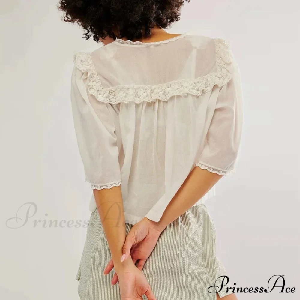 Short Cut Chiffon Frill Lace Trim Top - Image 6