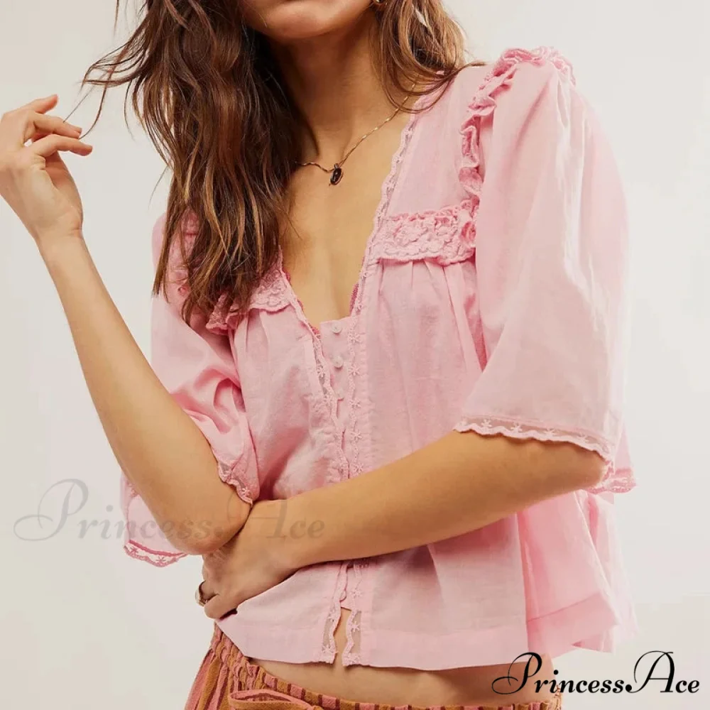 Short Cut Chiffon Frill Lace Trim Top - Image 7