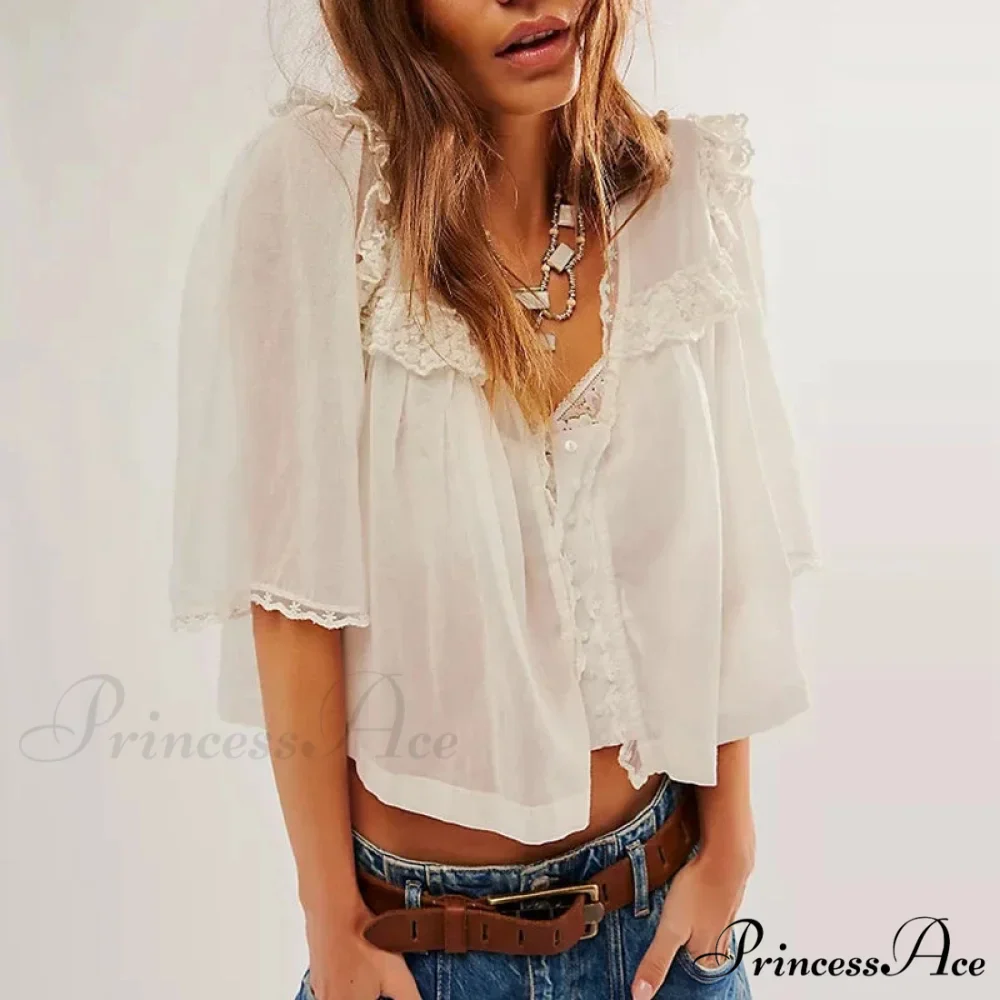 Short Cut Chiffon Frill Lace Trim Top - Image 8