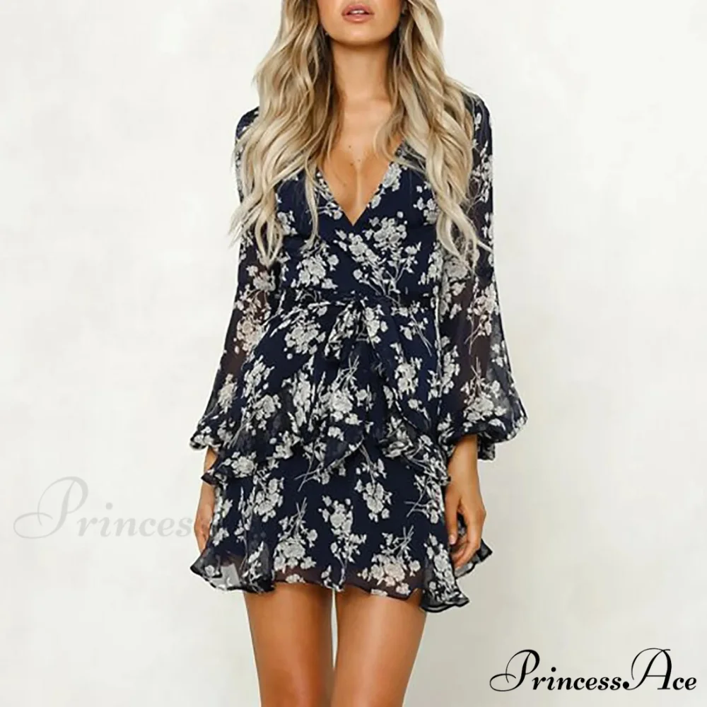Short Cut Deep V-Neck Bohemian Lace-Up Floral Dress - Image 2