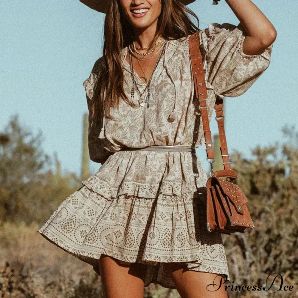 Short Dress Bohemian Retro Sleeveless Flower Pattern Fall Seaside Dress - Image 2