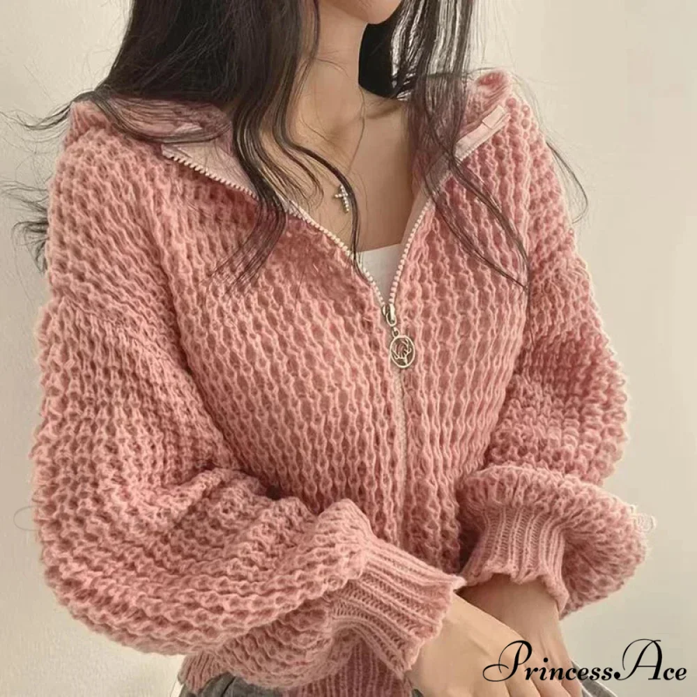 Short Hooded Perforated Knit Cardigan - Image 2