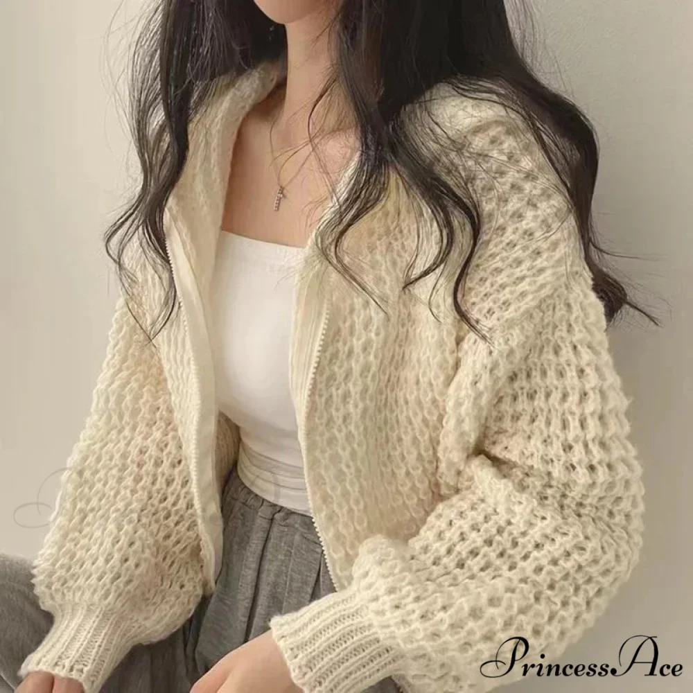 Short Hooded Perforated Knit Cardigan - Image 3