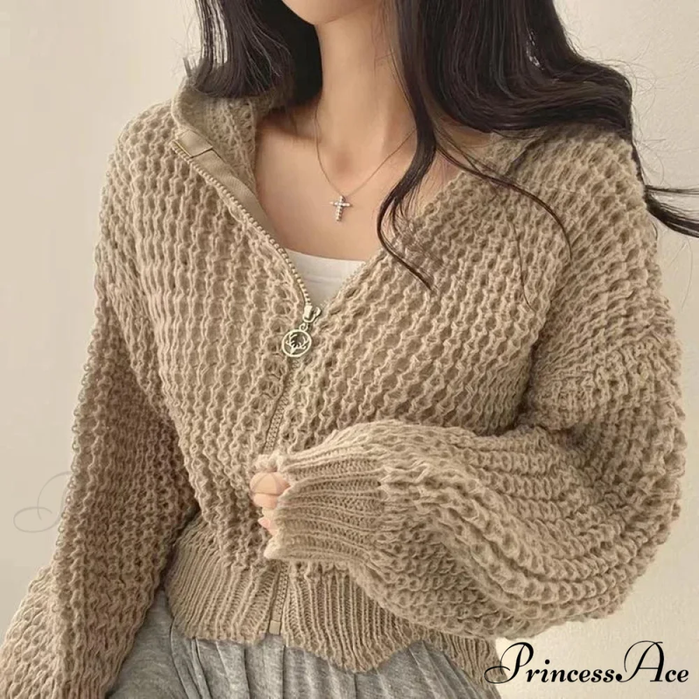 Short Hooded Perforated Knit Cardigan - Image 4