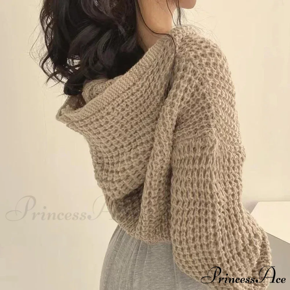 Short Hooded Perforated Knit Cardigan - Image 5