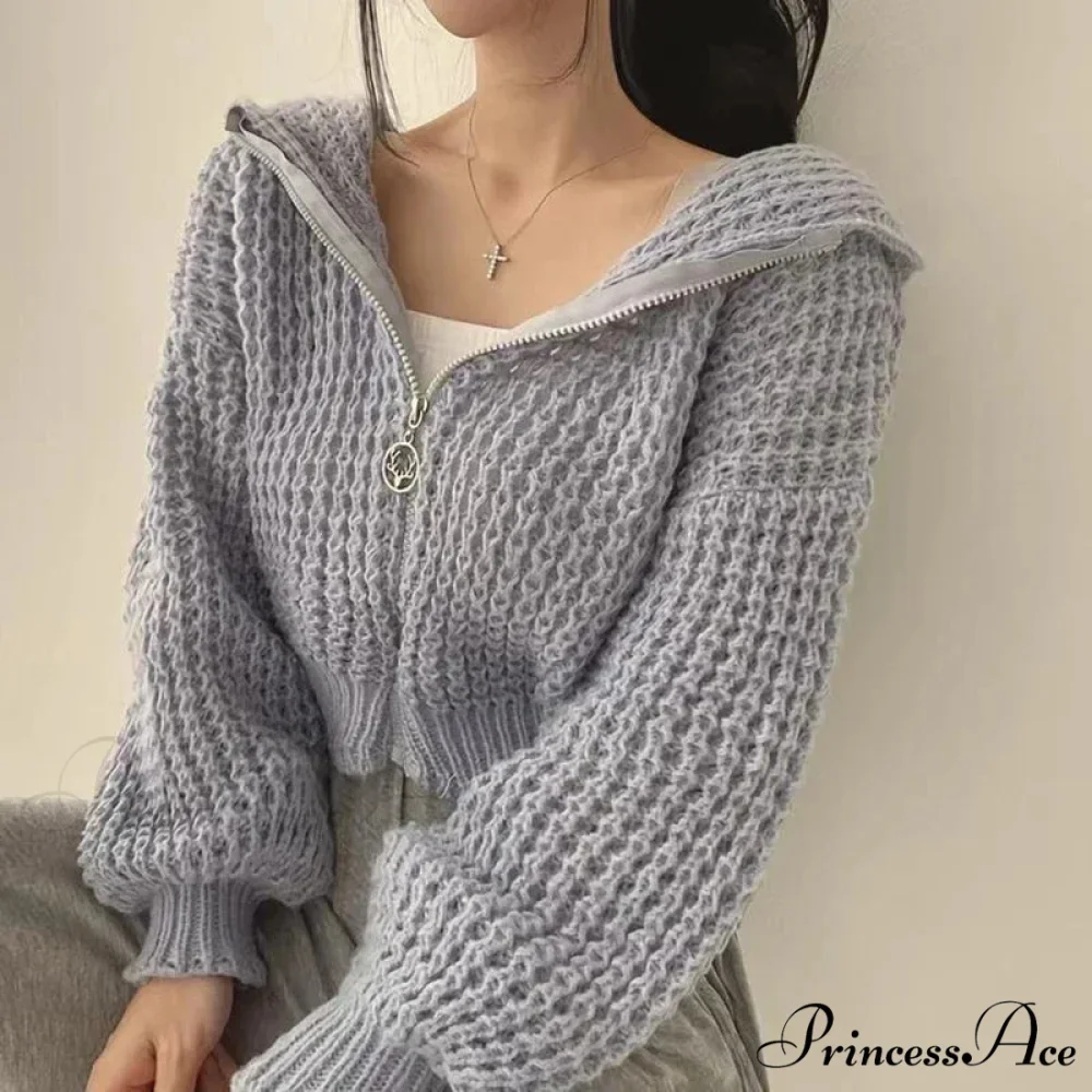 Short Hooded Perforated Knit Cardigan - Image 6