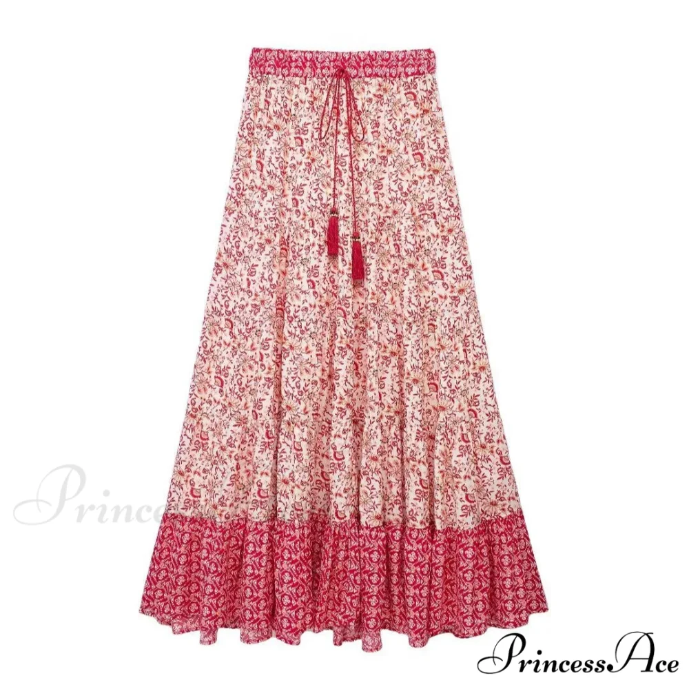 Short Waist A-line Seaside Skirt Floral Crimson Maxi Frilled Vacation - Image 3