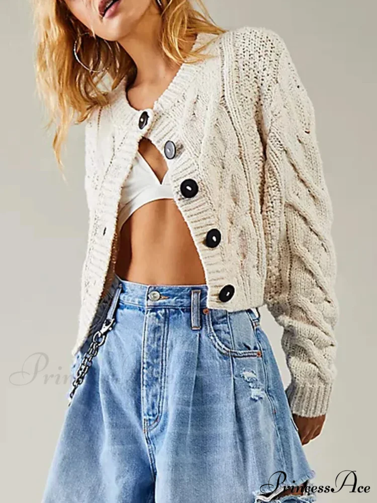 Shortened Cable Knit Button-Up Sweater - Image 2