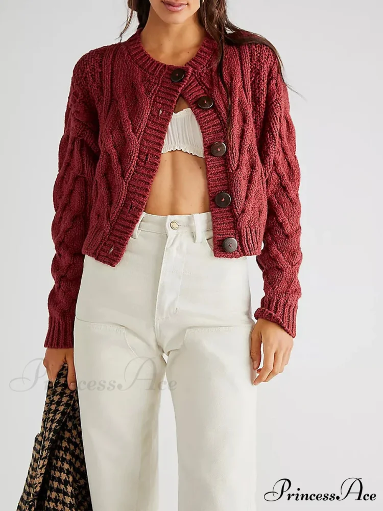 Shortened Cable Knit Button-Up Sweater - Image 4