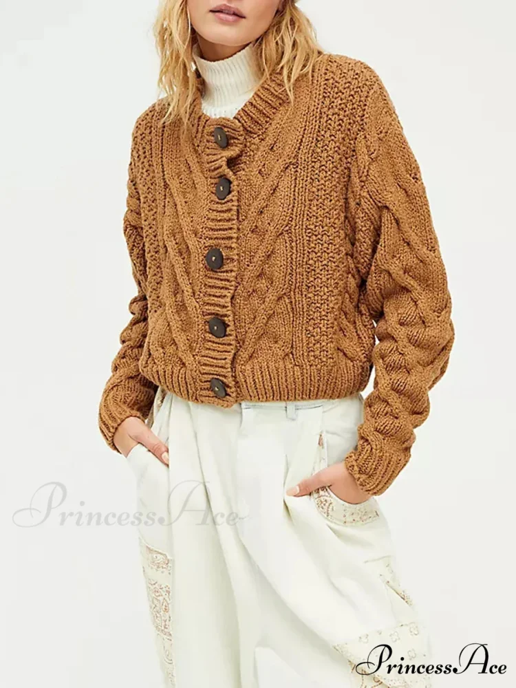 Shortened Cable Knit Button-Up Sweater - Image 5