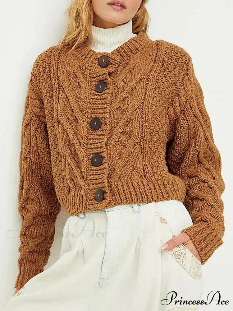 Shortened Cable Knit Button-Up Sweater - Image 9