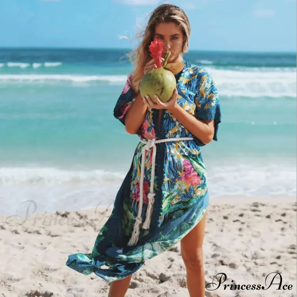 Side Division Kaftan Flower Pattern Bohemian Cover up - Image 3