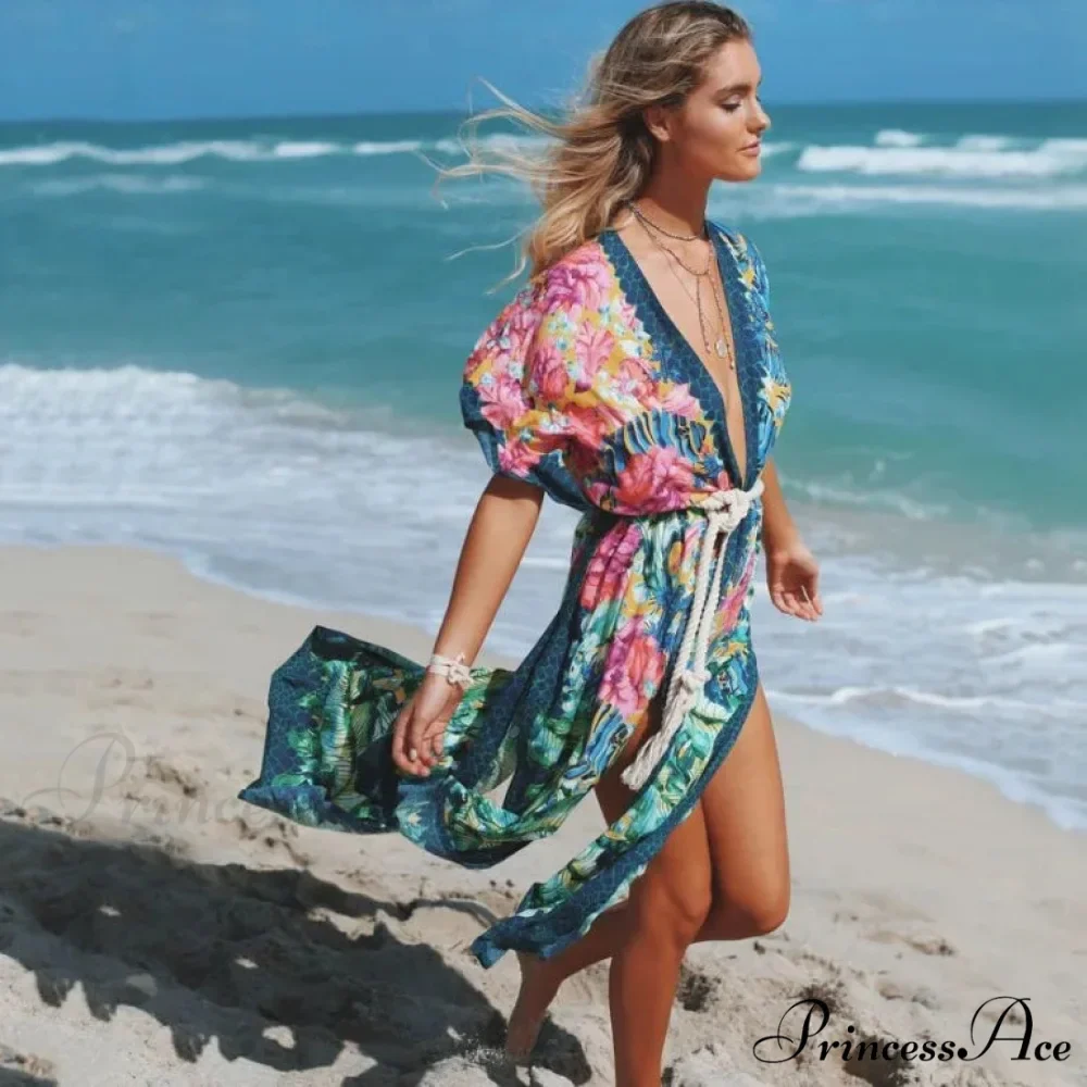 Side Division Kaftan Flower Pattern Bohemian Cover up - Image 5