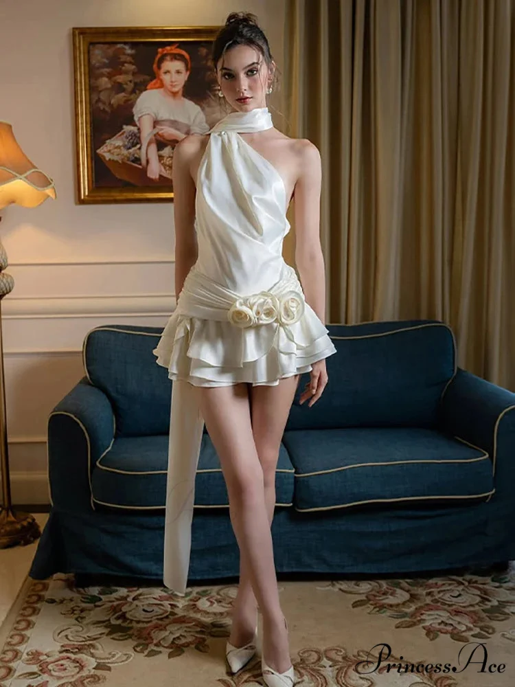 Silky 3D Blossom Halter Mini Dress - Image 3