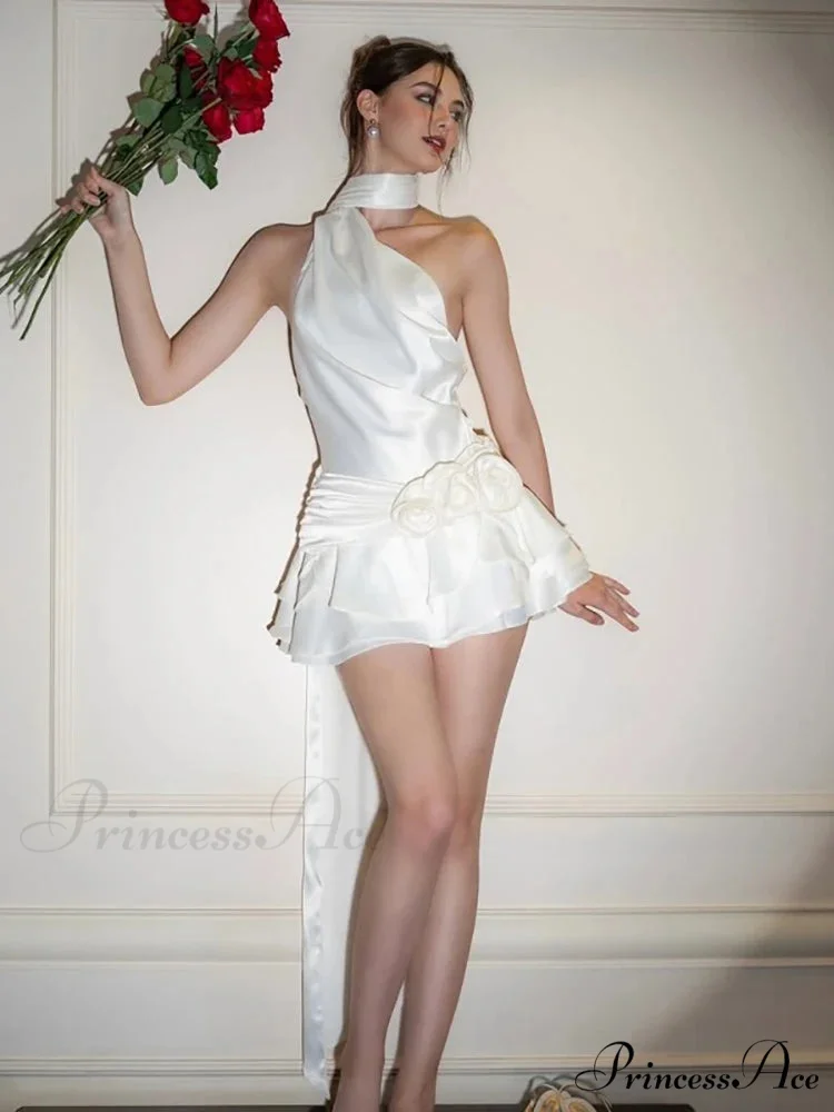 Silky 3D Blossom Halter Mini Dress - Image 4