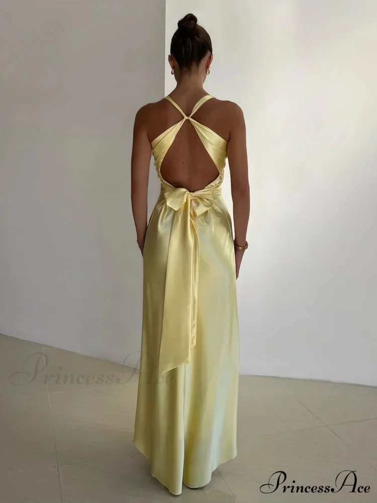 Silky Open-Back Gathered Long Holiday Dress - Image 2