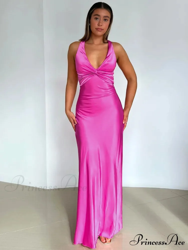 Silky Open-Back Gathered Long Holiday Dress - Image 3
