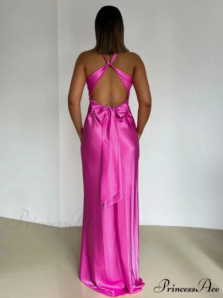 Silky Open-Back Gathered Long Holiday Dress - Image 4
