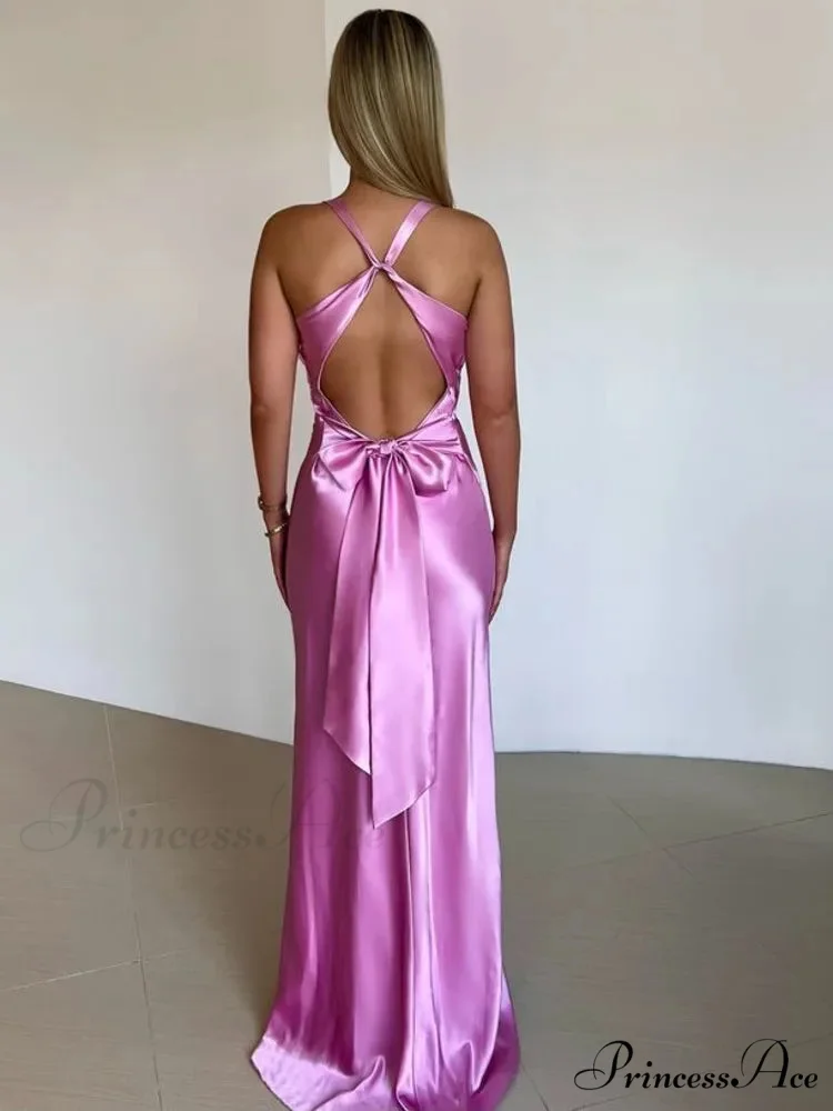 Silky Open-Back Gathered Long Holiday Dress - Image 5