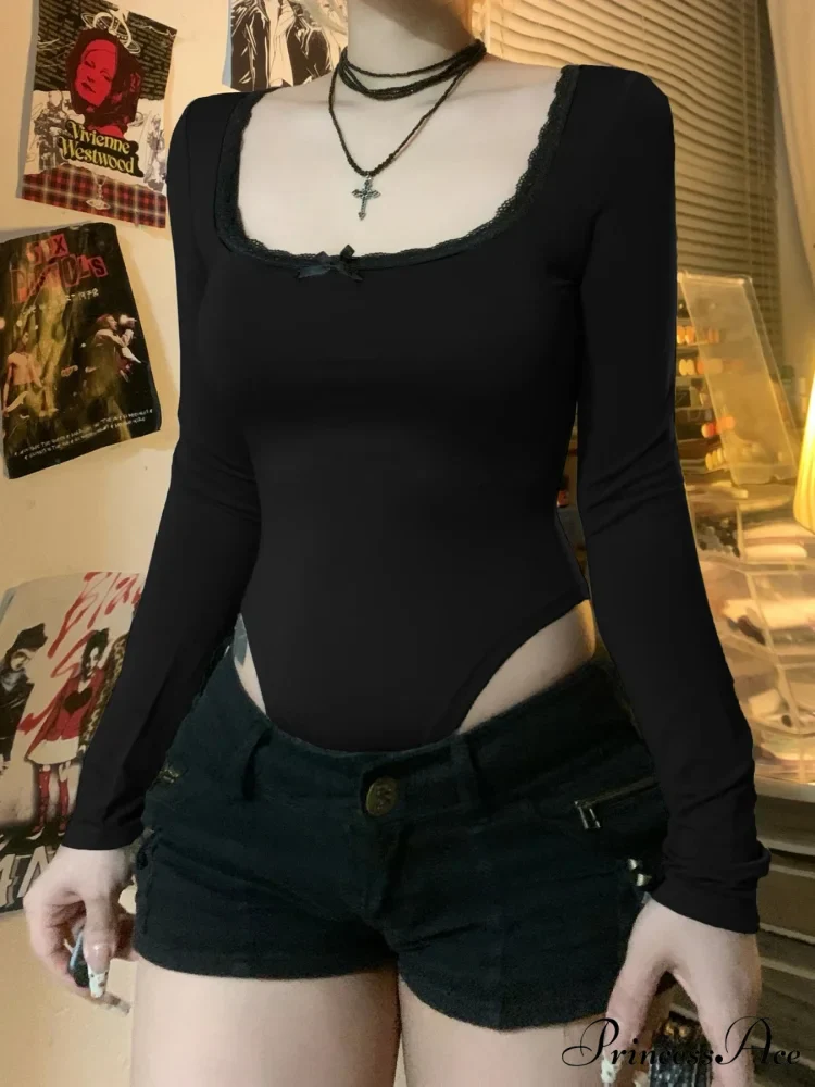 Simple Lace Trim Informal Slim Square Neck Knit Top - Image 5