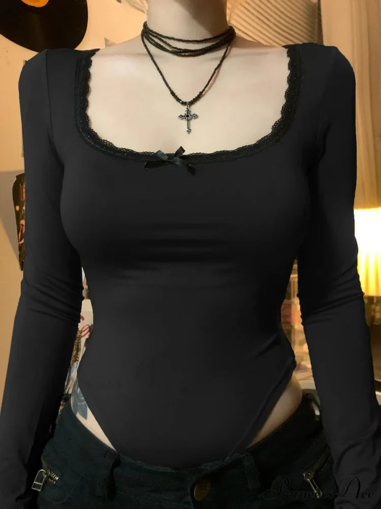 Simple Lace Trim Informal Slim Square Neck Knit Top - Image 6