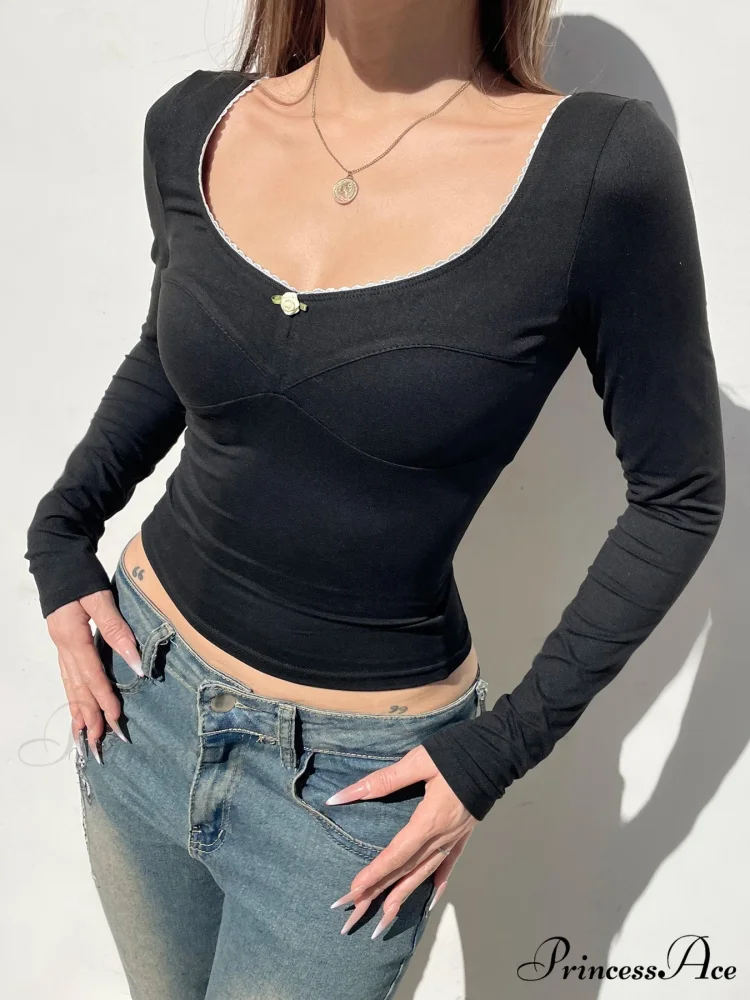 Simple Lace Trim Narrow Square Neck Long Sleeve Knit Top - Image 2
