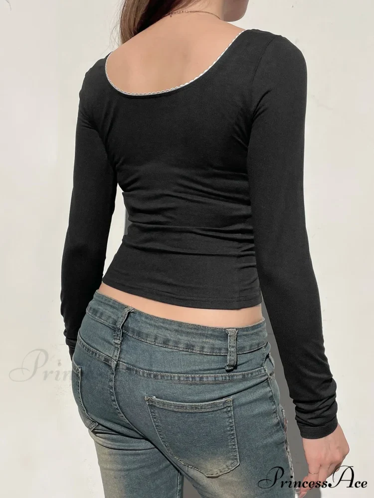 Simple Lace Trim Narrow Square Neck Long Sleeve Knit Top - Image 3